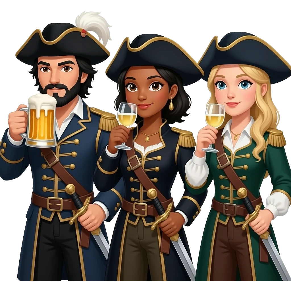 Three musketeers with swords and hats. One guy with black hair, beard and dark brown eyes, one girl with black hair and tanned skin and one girl with blond hair. The guy is drinking beer and the girls white wine. emoji