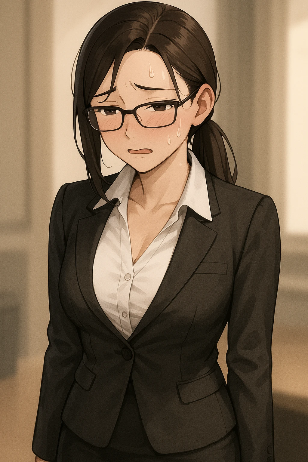 a hot office woman with glasses, a sweat drop coming down from her head, and an ashamed facial expression, semi-realistic style emoji