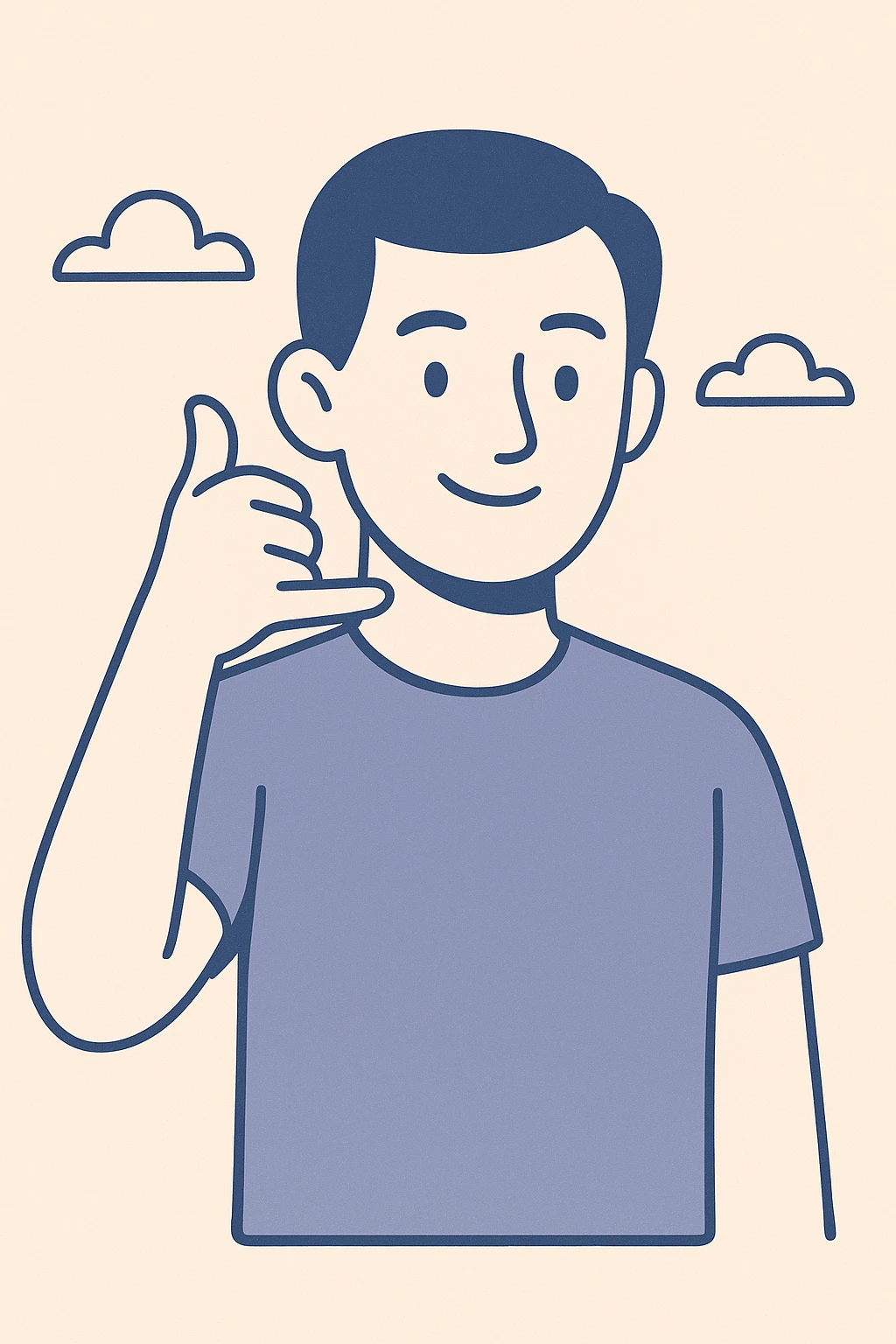 man making phone call gesture, smiling, head slightly tilted sideways, thumb and pinky finger forming phone sign, simple background, modern and clear style emoji