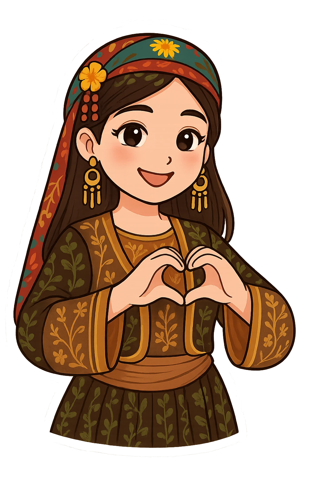 Kurdish cartoon sticker of the same woman in the new dress, hands making a heart shape, loving expression, no text, transparent background emoji
