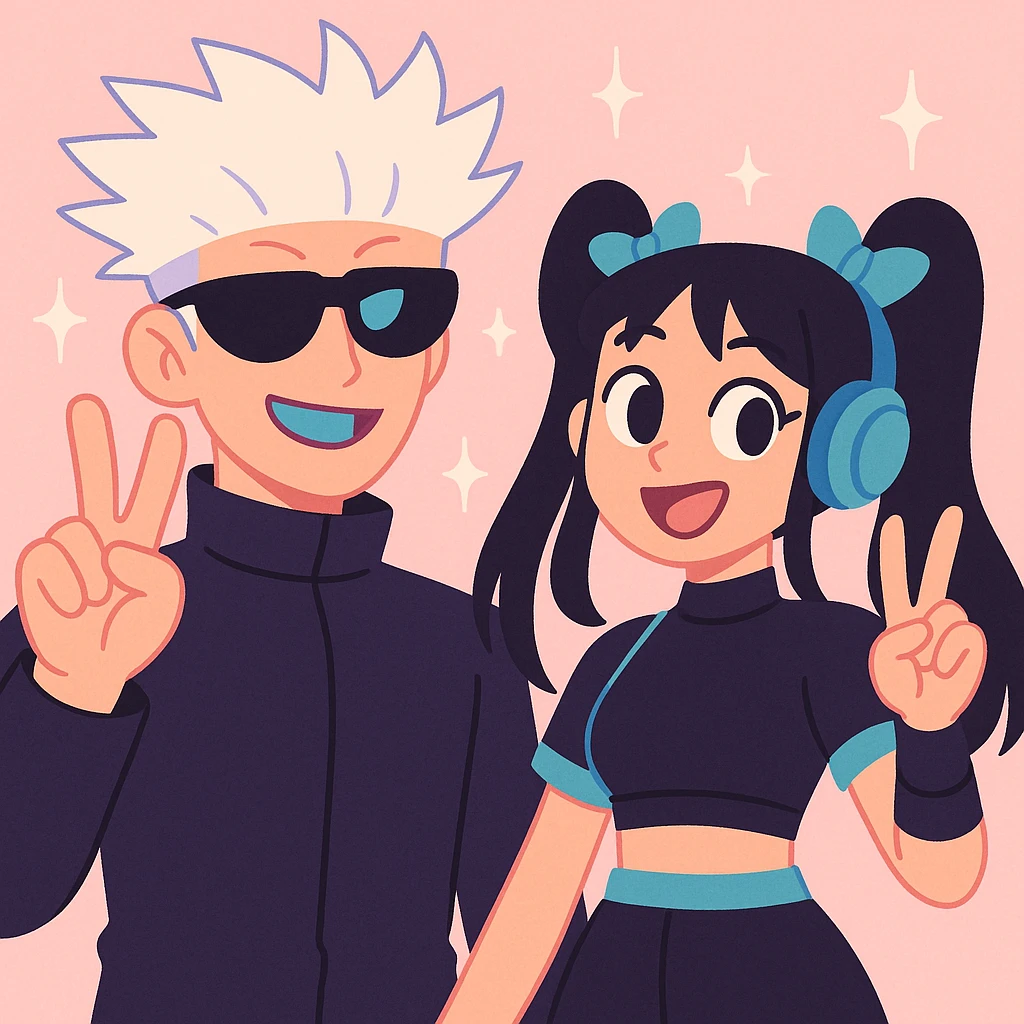 Gojo Satoru and his female protégé, both making peace signs, playful and energetic, Gojo with black shades and icy-blue eyes, protégé with long black hair, twin bows, cropped black top with cyan accents, blue headphones, sparkly background, in pastel toon style emoji