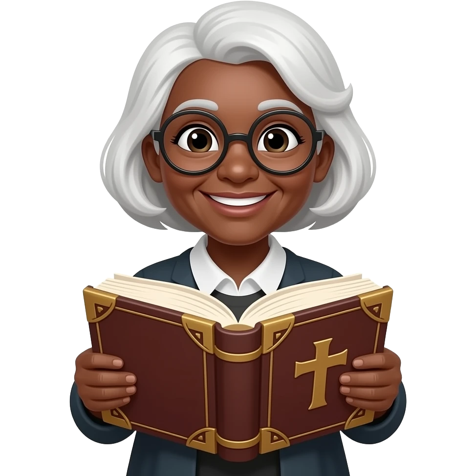 wise old woman with white hair black skin smile with book that has a cross on it emoji