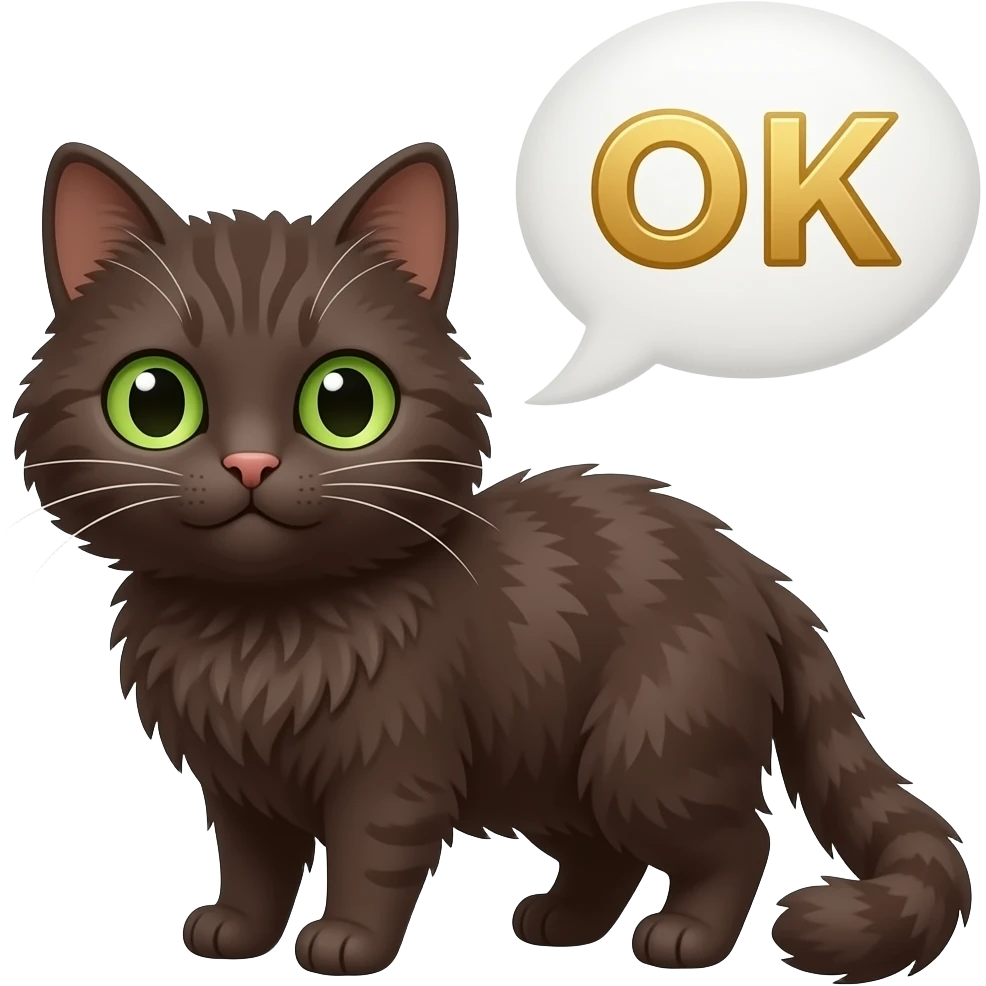 Cute neutrally content pitch-dark fuzzy brown scrunkly cat With no patterns, with green eyes saying “OK” in golden letters with a speech bubble emoji