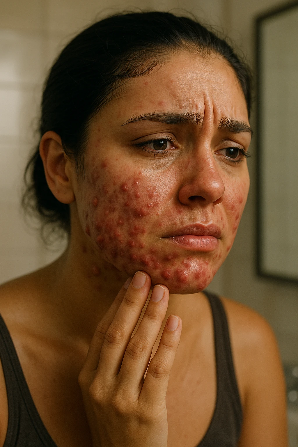 A highly realistic, cinematic portrait of a young woman in her late 20s with medium skin tone, showing visibly inflamed, deep cystic acne along her jawline, cheeks, and chin. Her skin appears red and irritated around the acne nodules, with noticeable swelling and tenderness, illustrating the painful nature of cystic acne linked to PCOS. Her facial expression shows discomfort and emotional distress, with slightly teary eyes as she gently touches an inflamed area on her jawline with her fingertips. Her hair is pulled back to clearly show the acne areas, and her skin has a slightly oily texture due to androgen-related sebum overproduction. The environment is a softly lit bathroom with neutral daylight, emphasizing the skin texture, redness, and deep acne. The style is realistic, 35mm cinematic photography with warm, neutral tones, soft shadows, and clear skin detail, providing a compassionate yet direct visualization of PCOS-related cystic acne emoji