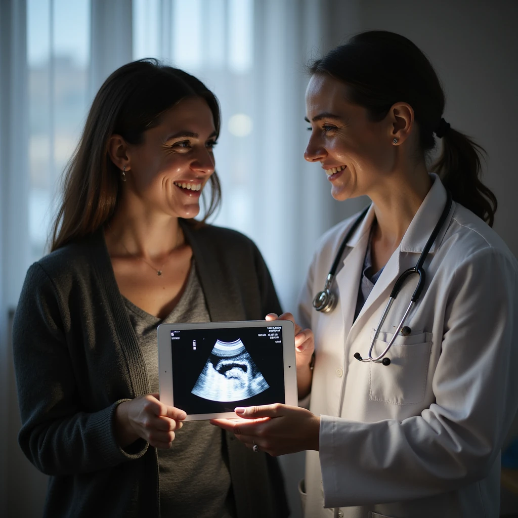 woman with PCOS and doctor showing ultrasound or graphic of healthy oocytes, both smiling, atmosphere of hope and success, clinical environment, realistic photography emoji