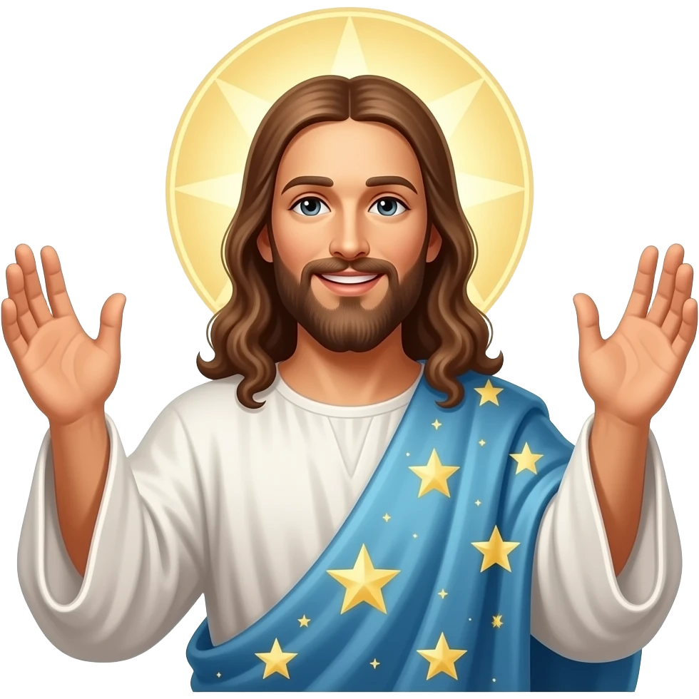 Jesus smiling and wearing a celestial robe and a halo behind him and hands risen up emoji