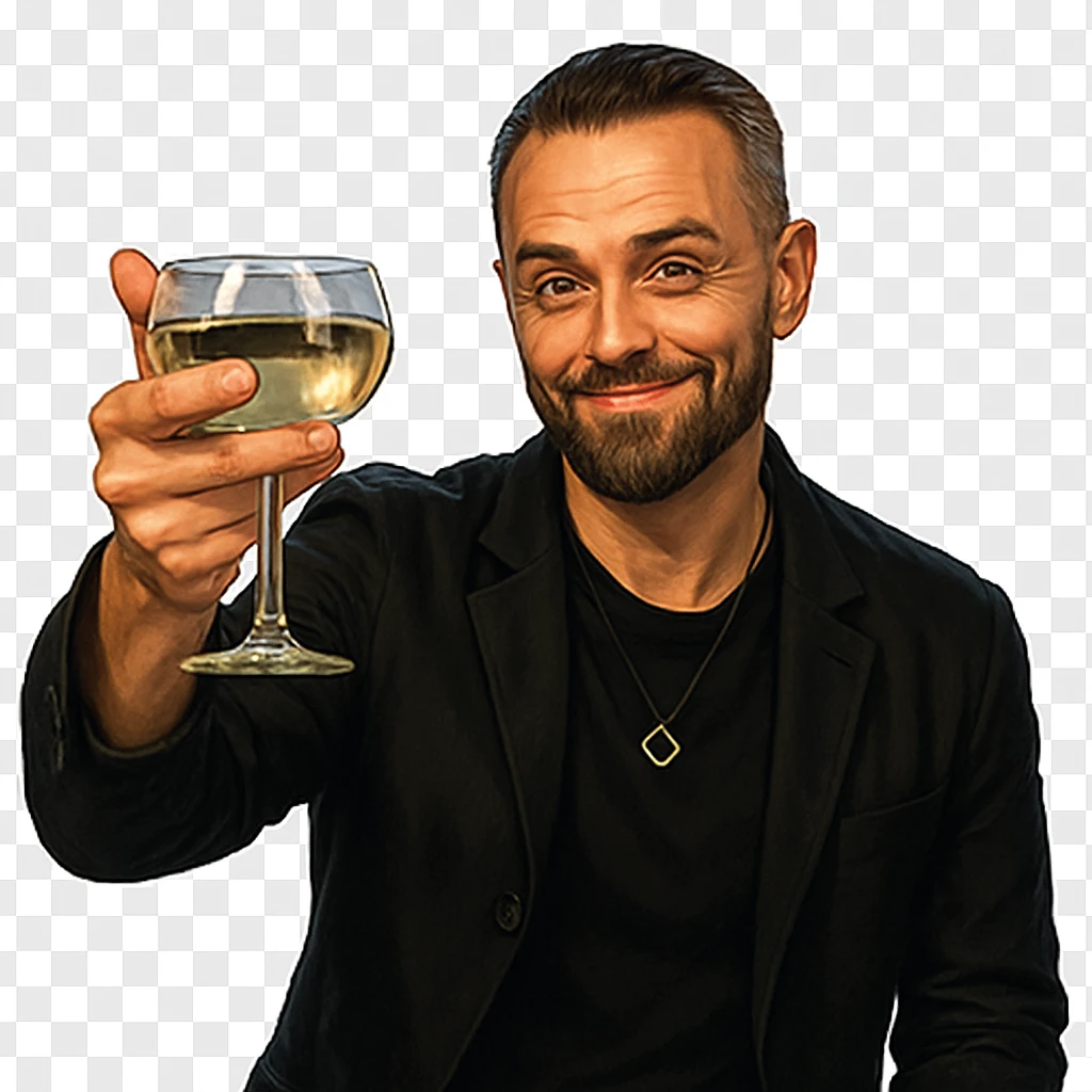 Герой на фотографии в позе и выражением лица из знаменитого мема с Ди Каприо из Великого Гэтсби, слегка рисованный, но при этом реалистичный объемный стиль, прозрачный фон emoji