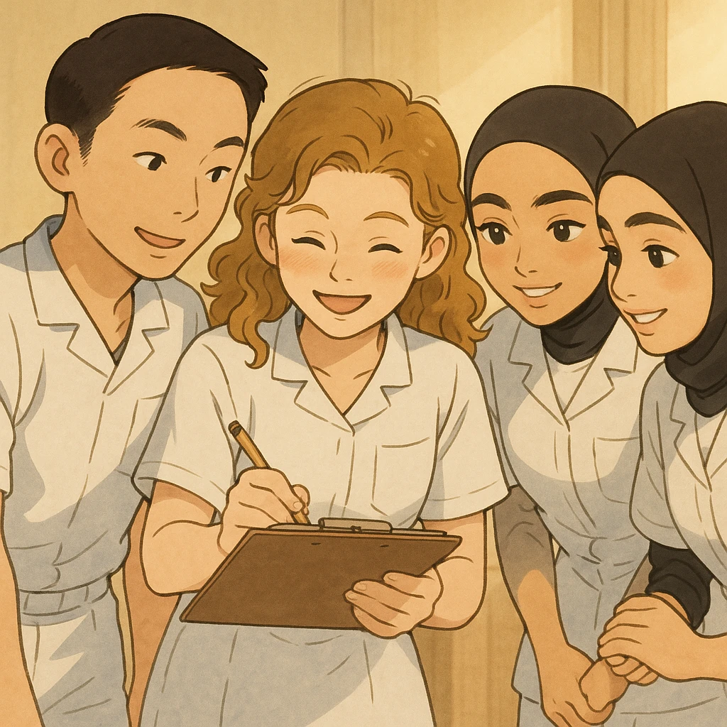 Même scène, mais avec une lumière douce et des expressions joyeuses, style Ghibli, uniformes blancs à manches courtes, col en V, poche poitrine gauche, pas de col ni stéthoscopes, pas de tissus sous les manches. Collaboration visible entre les quatre étudiants infirmiers. emoji