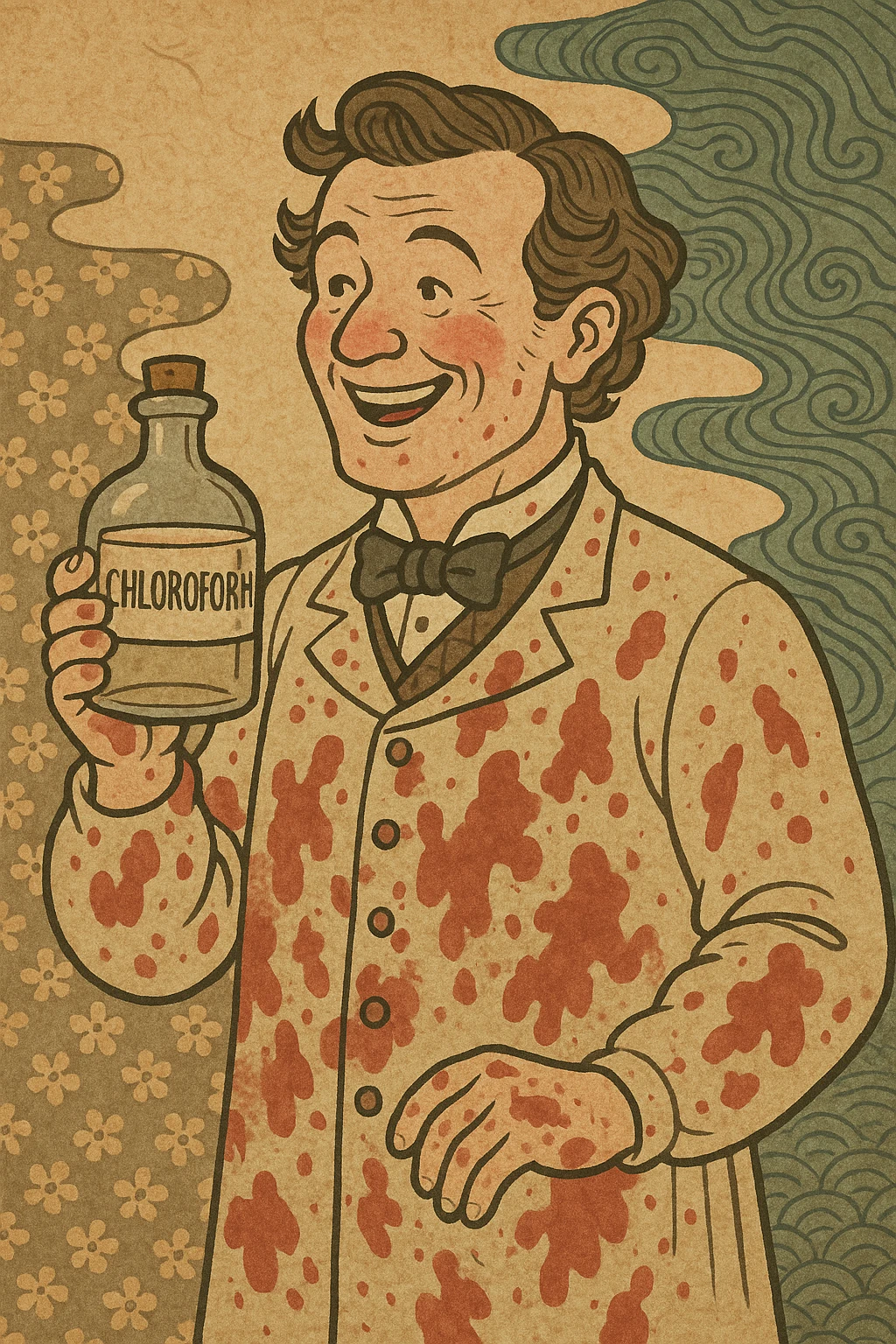 Victorian surgeon looking happy covered in blood stains and holding a bottle of chloroform emoji