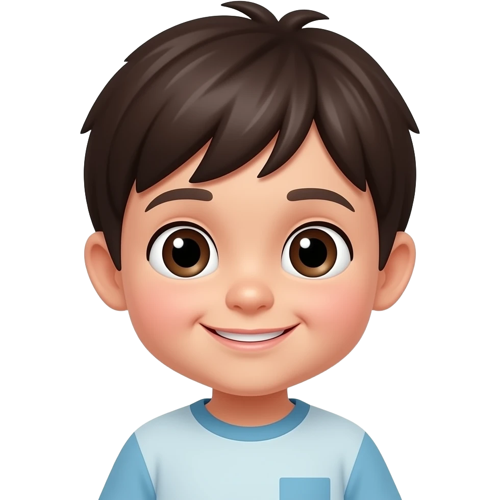 close-up of round smiling toddler boy face only with big eyes, dark brown or black straight hair emoji