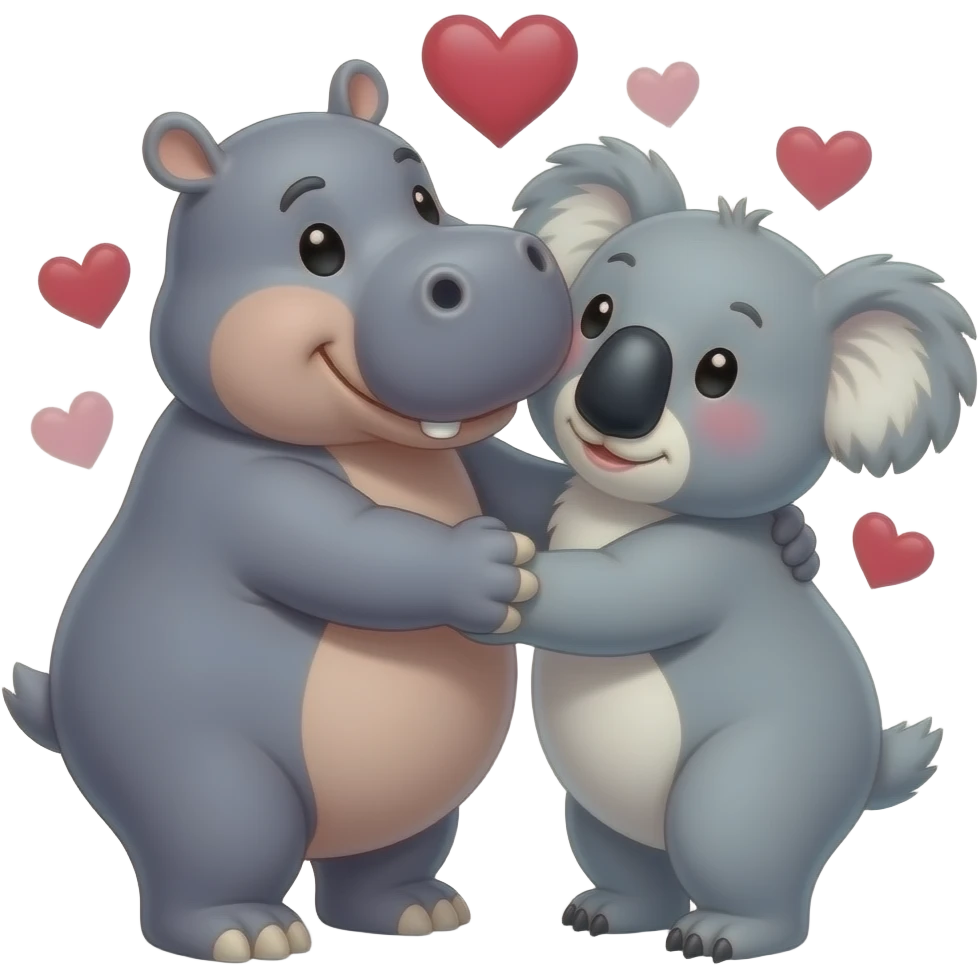 Hippo kissing a koala face in love. Cuddling.  Hugging.  Realistic. Not cartoon.  Hearts.  Not animated. emoji