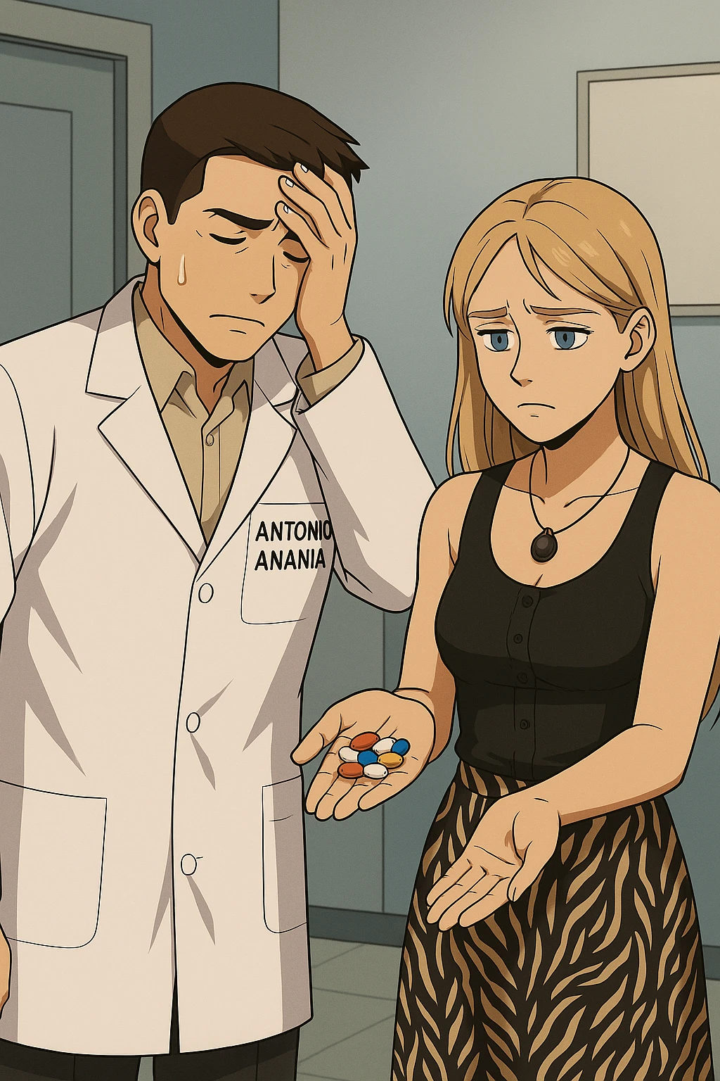 fai un webtoon/manga a colori con questo kinesiologo in camice bianco (fagli la scritta "ANTONIO ANANIA" SUL CAMICE) CHE PARLA CON QUESTA RAGAZZA CON GLI OCCHI AZZURRI. LA RAGAZZA HA UN PUGNO DI INTEGRATORI IN MANO (TANTE PILLOLE DIVERSE) E LE GUARDA DUBBIOSA. IL KINESIOLOGO CON IL CAMICE BIANCO SI TIENE UNA MANO SULLA FRONTE SCONFORTATO MENTRE LE DICE CHE STA SBAGLIANDO A PRENDERE TUTTI QUEGLI INTEGRATORI. NON FARE I FUMETTI, FAI SOLO LORO COME SE DIALOGASSERO emoji