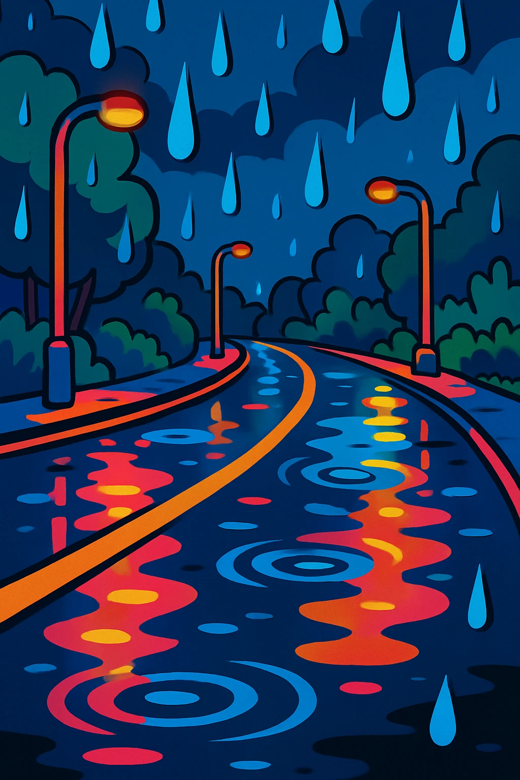 a rainy road with wet reflections and raindrops in vibrant toon style emoji