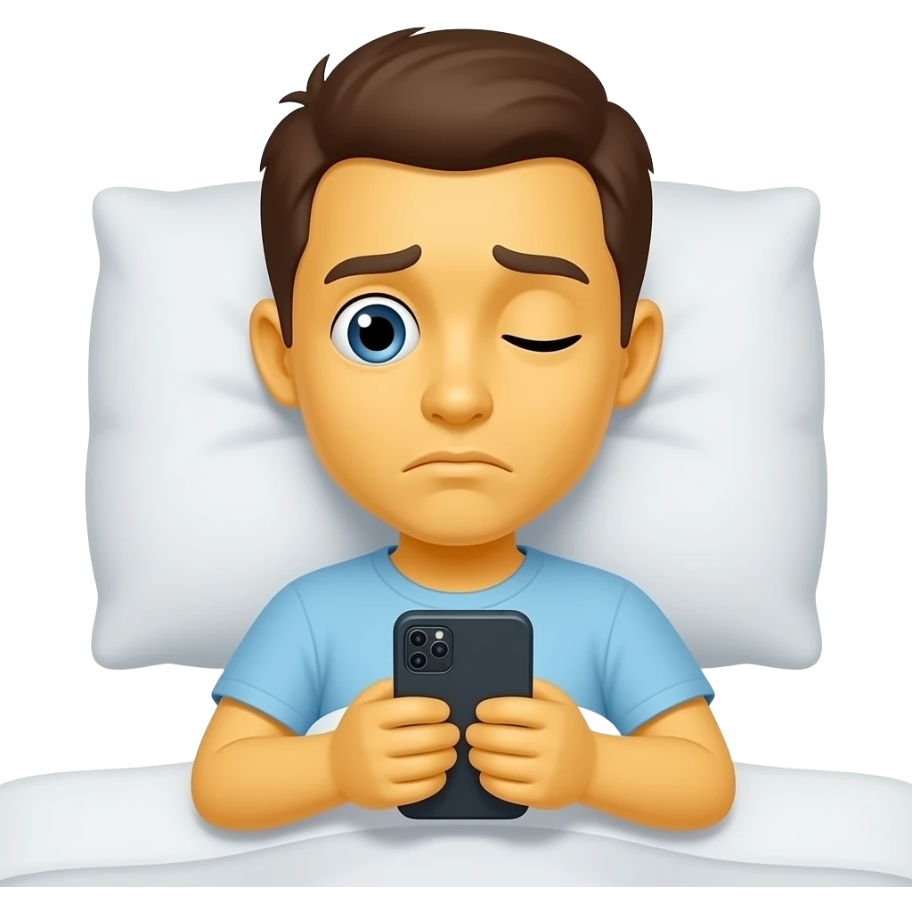 Yellow emoji face that looks tired with one eye open and one eye shut checking phone messages in bed emoji