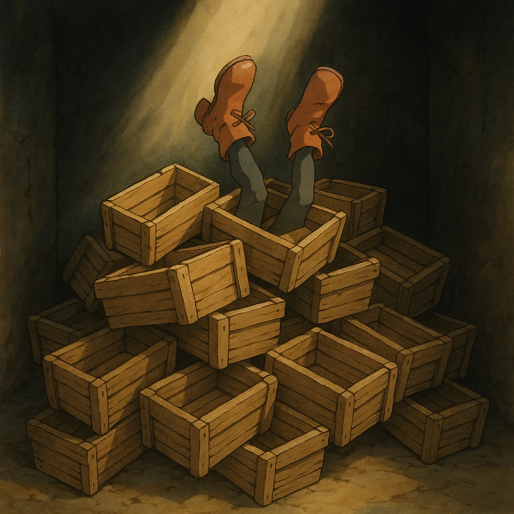 A pile of small oblong crates hidden in a dark area with a beam of light shining from above, with someone’s boots sticking out like they dove in emoji