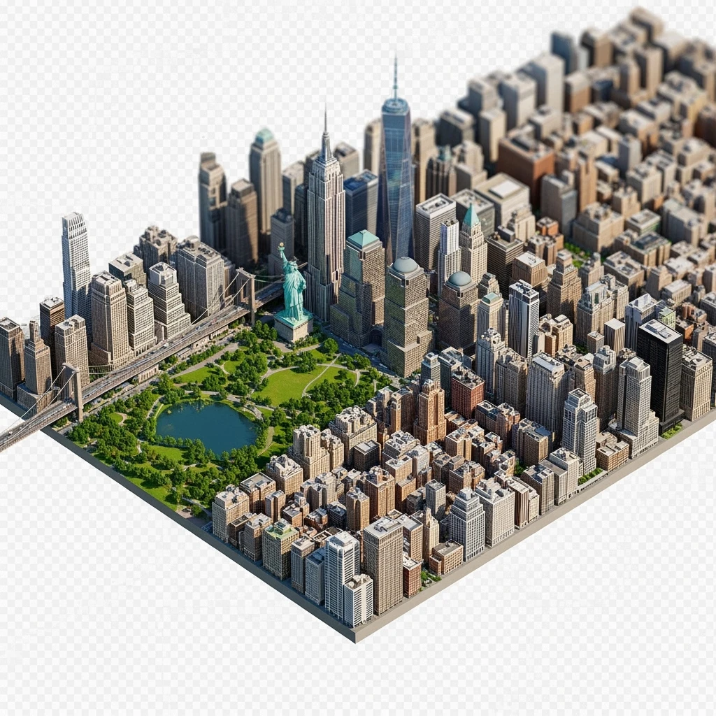 Isometric miniature of New York Сity Empire State Building, One World Trade Center, Statue of Liberty, Brooklyn Bridge, and Central Park chaotic low-rise blocks in outer boroughs 3D miniature effect and Tilt Shift effect, no cartoonish look, transparent background. emoji