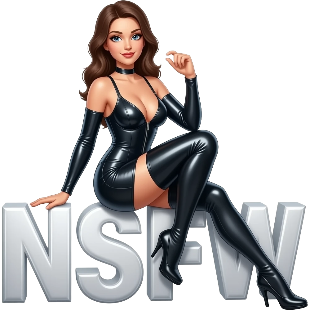 cuerpo entero, poses sexys, mujer vestida de latex brillante enseñando las tetas sentada sobre la palabra, con letra Bonita y elegante la Palabra "NFSW", sin fondo emoji
