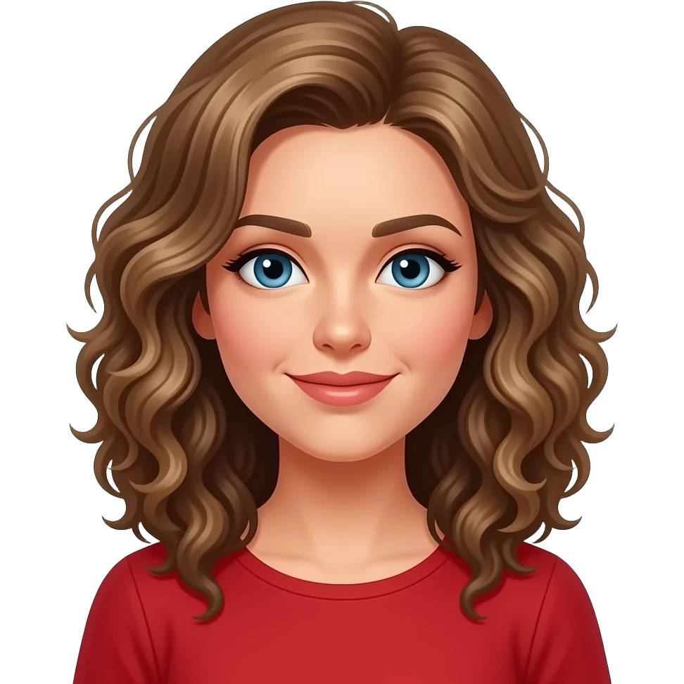 Eine Frau mit dunkelblonden locken und dunkelblauen Augen, mit einem roten Top emoji