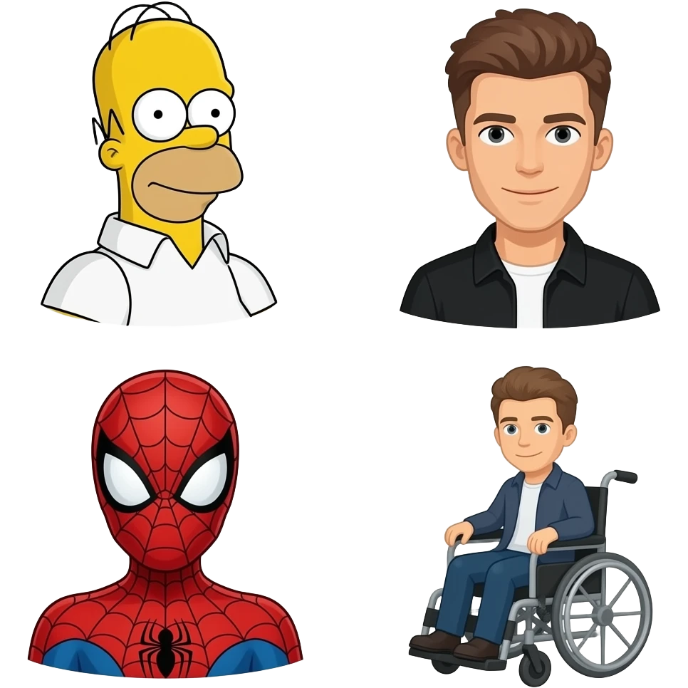 "Emoji minimalista estilo cartoon: Homer Simpson adulto, Justin Bieber, Spider-Man y persona en silla de ruedas juntos; diseño simple, colores planos, fondo transparente." emoji