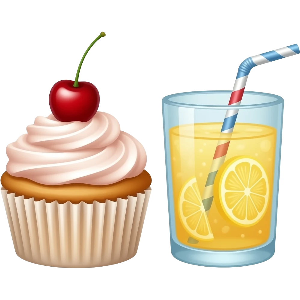 a cherry cupcake and a glass of iced lemonade with a straw in it. The words ‘GOOD AFTERNOON’ in red over them emoji