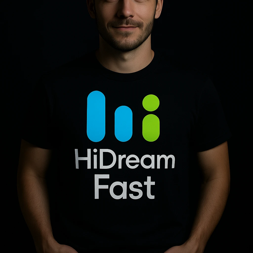 man wearing tshirt with this logo, dark night background with dim , add fast below logo emoji