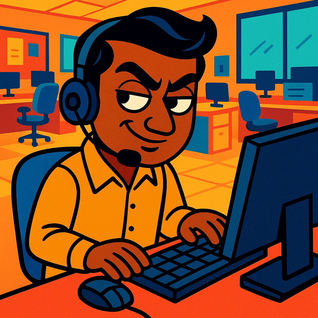cartoonish Indian call centre worker with a headset, sitting at a computer, sly expression, office background, vibrant toon style emoji