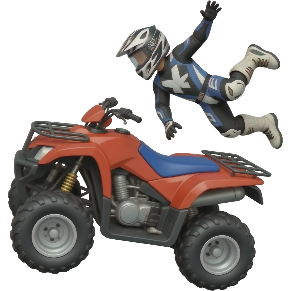 Genérame un emoji en la que se puede ver la Caída de un motociclista con casco de Cross en cuatrimoto emoji