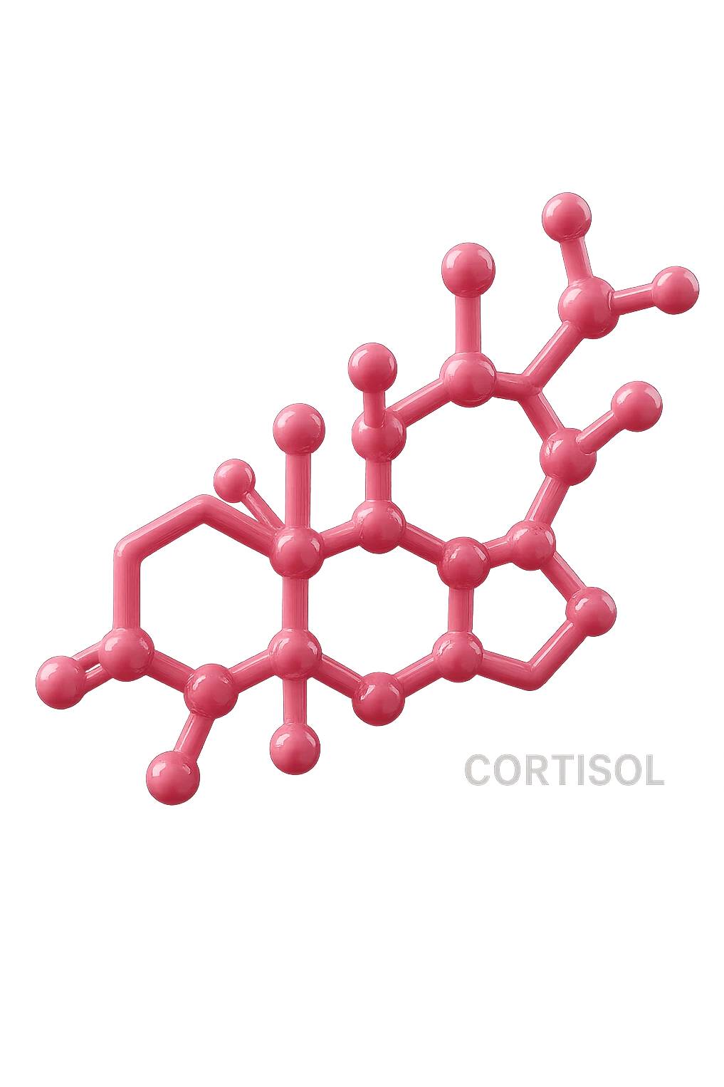 molecola chimica del cortisolo in 3d, colore rosa, fluttua in aria, iperrealistica 4k emoji