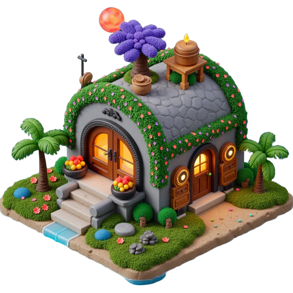 Exterior view of a jungle farm, metallic hull with glowing pipes, aztec design. stars and planets in the background, emoji-style emoji