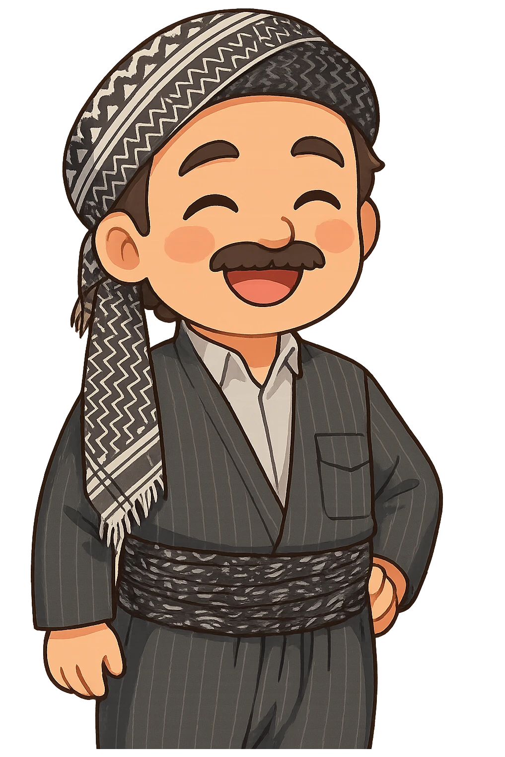 Create a colorful and cheerful cartoon sticker of a Kurdish person wearing traditional clothing exactly like the reference image. The sticker should have no text and be suitable for WhatsApp and Instagram. Use a transparent background. emoji