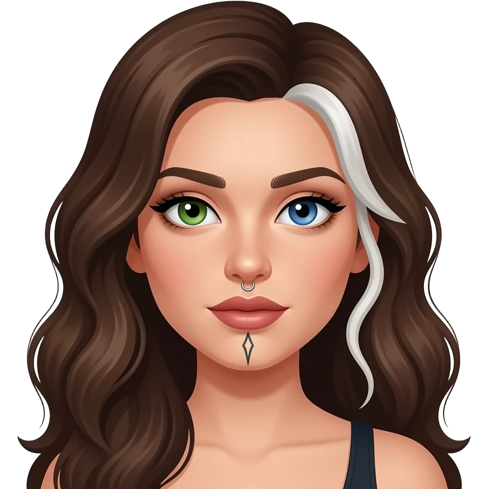 white long wavy haired brunette woman with one green eye one blue eye tattoos a philtrum piercing and a thin streak of white hair at the front and dark feminine makeup emoji
