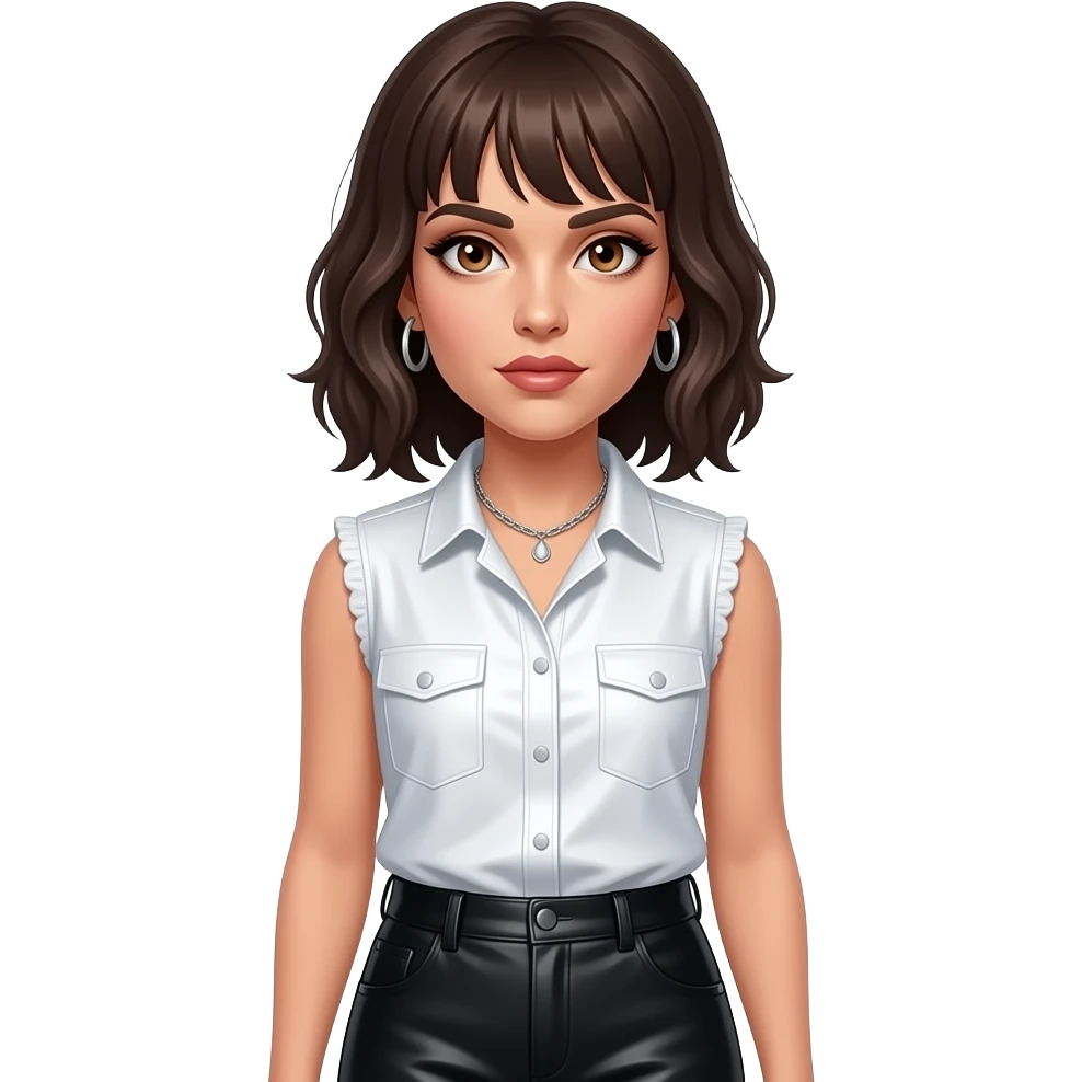 Lady Gaga as Jo Calderone with hazel eyes, dark brown tomboy hair, white metallic sleeveless shirt, black metallic baggy pants, silver necklace and earrings emoji