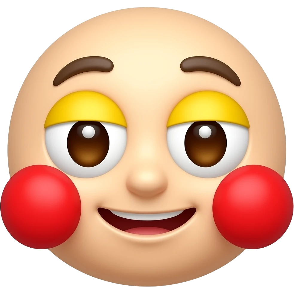 새빨간 얼굴의 홍조를 하고 있는. 노란 눈알  갈색 동공.   귀여운 만화 입체적 이모티콘 emoji