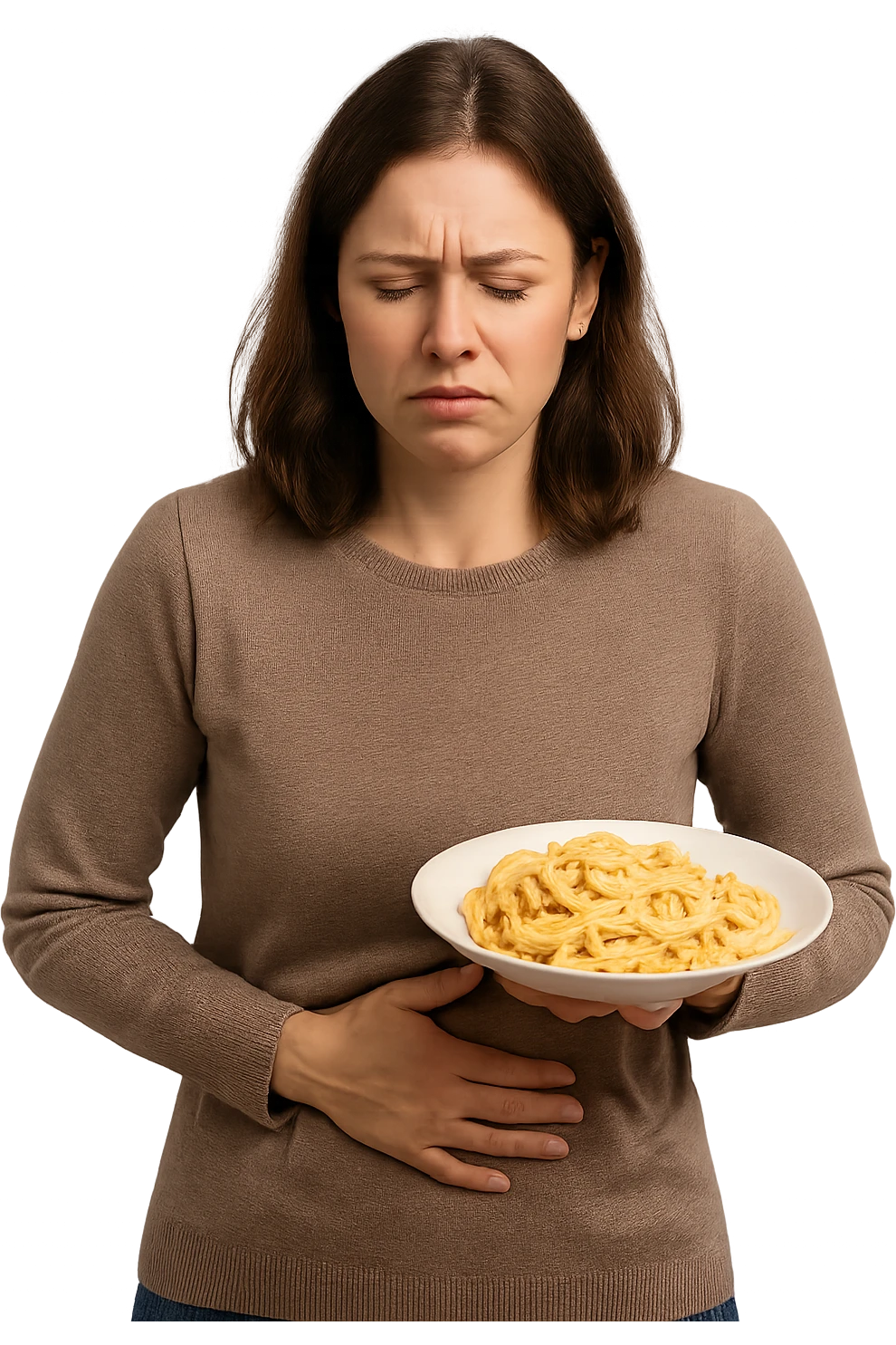 DONNA CON PIATTO DI PASTA IN MANO E MAL DI PANCIA, FA FATICA A DIGERIRE emoji