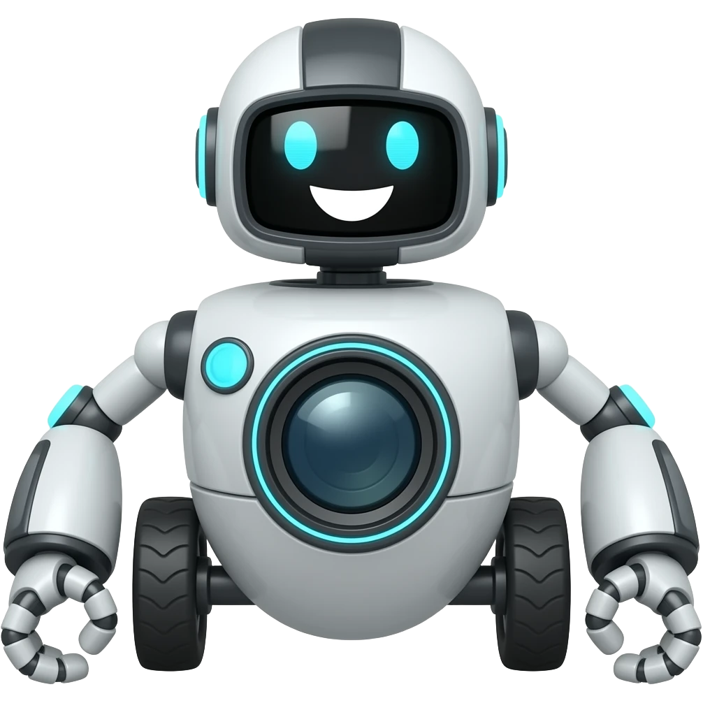Wheeled solid ai robot with a big funny smile and a camera emoji