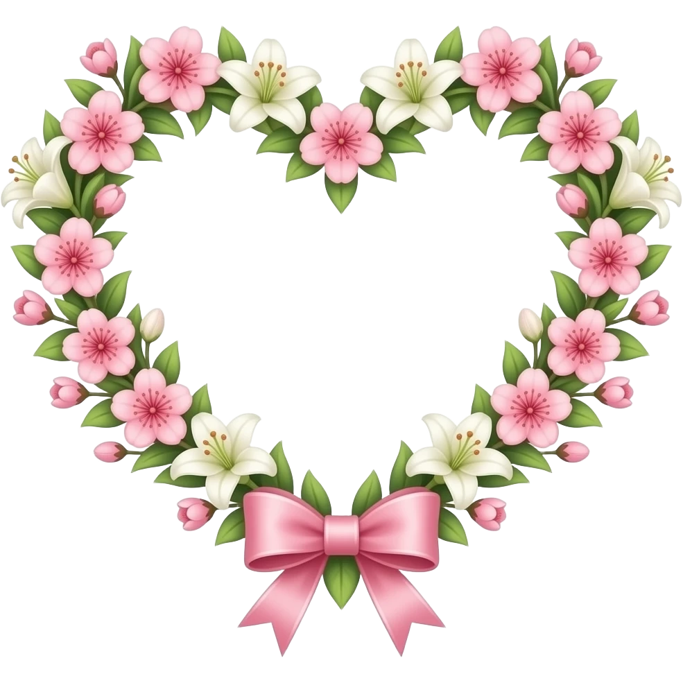 A Floral Heart formed from a ring of tiny glowing lilies and soft pink cherry blossoms. A dainty silk ribbon bow is tied at the bottom. Ethereal, soft-focus lighting, iridescent finish, and floating Sparkling Hearts emoji