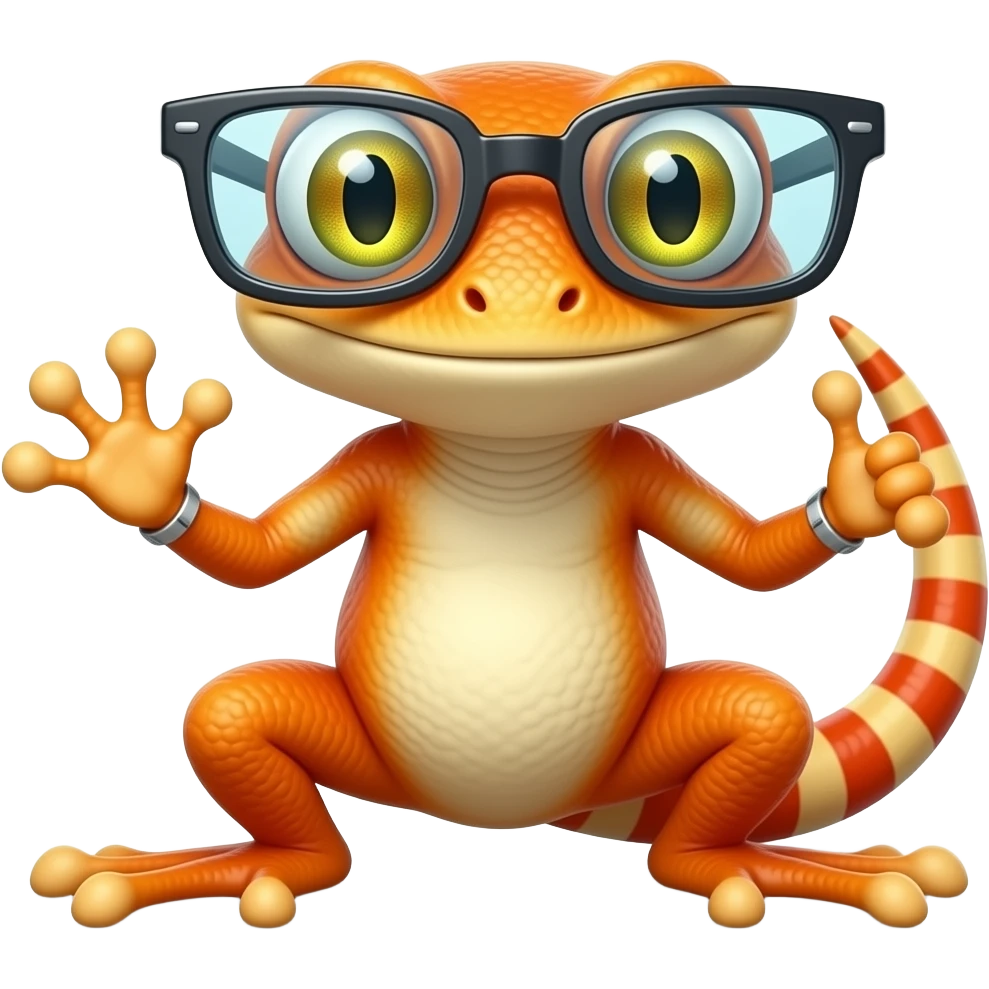 Quiero un diseño de gheco  futurista  color naranja con gafas y muy rebelde è irreverente emoji