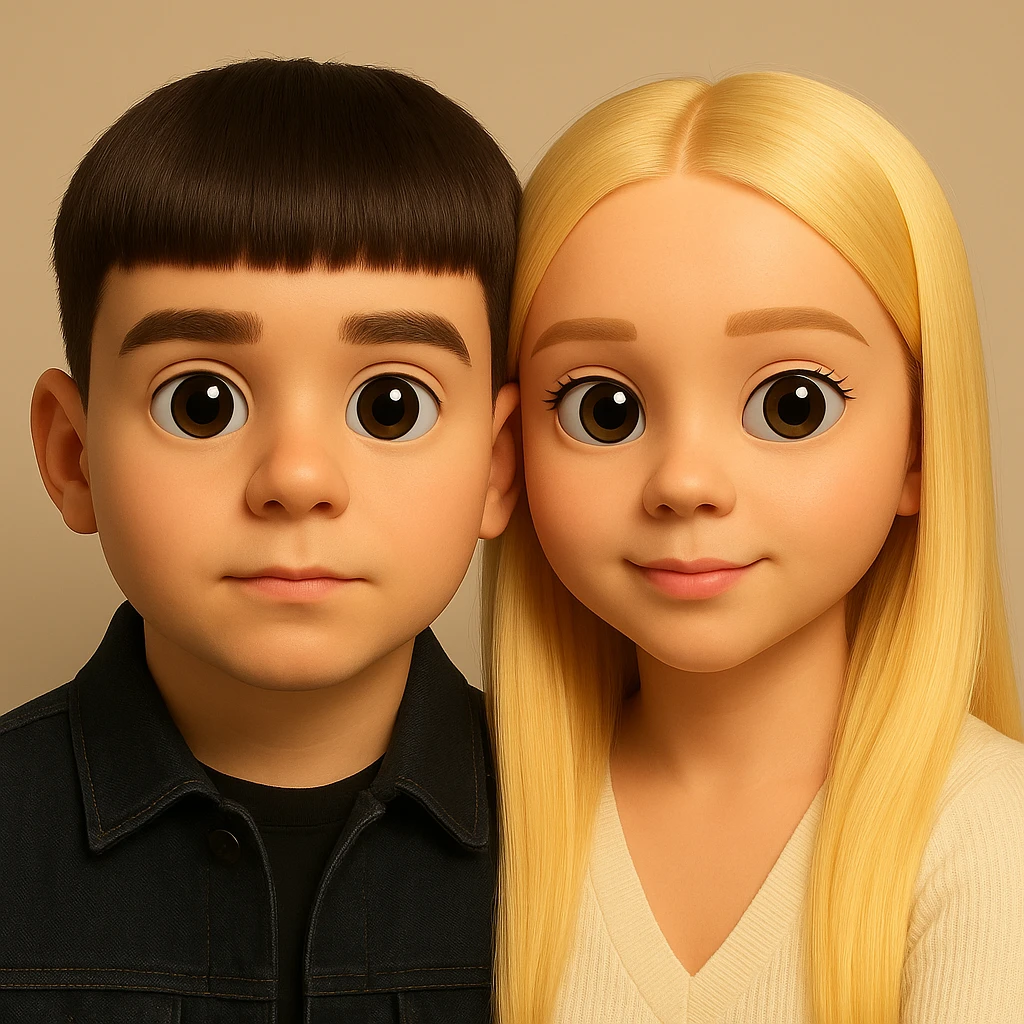 Combine two characters from the references into one image in a realistic 3D emoji style. The first character is a boy with dark hair and a black denim jacket, and the second character is a girl with long light hair. Both have large eyes. The style should resemble realistic 3D emojis. emoji