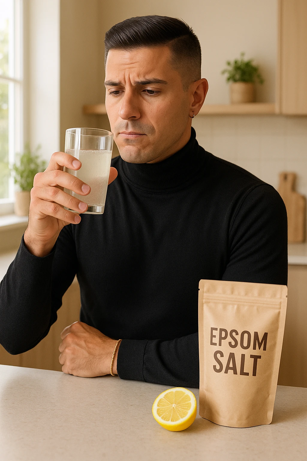 A realistic, bright photo-style image of a young man in his 30s standing in his kitchen, holding a clear glass filled with water in which Epsom salt (magnesium sulfate) has been dissolved. He looks focused but slightly uncertain as he prepares to drink it for a liver flush or digestive cleanse. The glass shows slight cloudiness from the dissolved salt. On the counter are a packet labeled 'Epsom Salt' and a sliced lemon, suggesting he might use it to mask the taste. The setting is clean, natural, and bright with neutral tones. The background shows sunlight streaming through a window, emphasizing a clean, minimalist health-focused environment. The mood conveys a realistic, calm moment of self-care with a hint of discomfort, illustrating a natural detox practice in italiano emoji