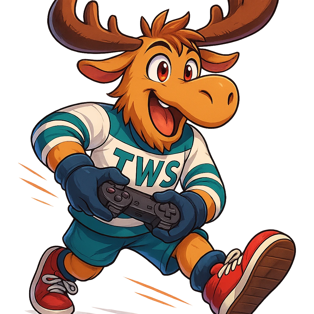 Transform the moose into an expressive anime style character with vibrant colors. Keep the 'TWS' hockey jersey, have it holding a game controller and wearing shoes. Show dynamic pose and expressive anime eyes. No background. emoji