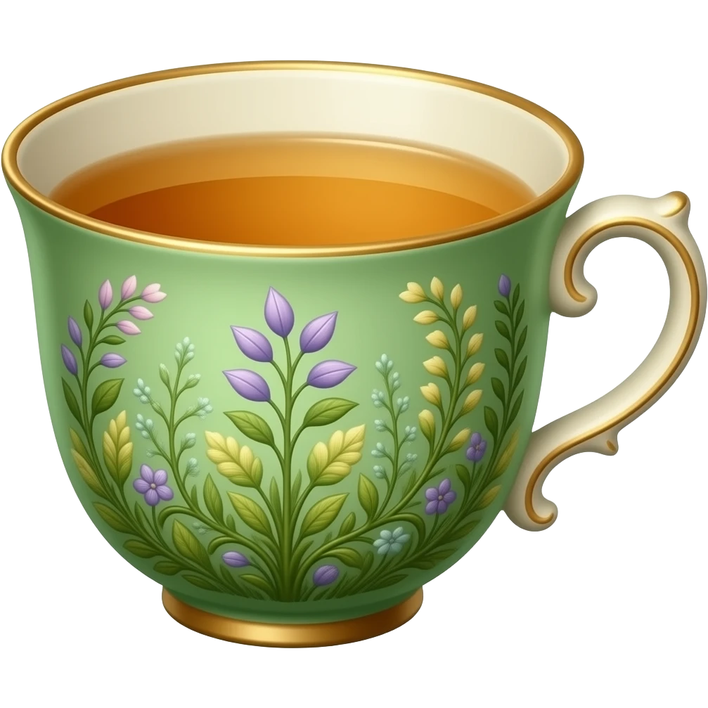 An elegant tea cup in emerald green, warm amber-gold, and soft ivory, with delicate botanical ornamentation, refined curved lines, subtle violet accents, and a graceful enchanted garden aesthetic, rendered in a sophisticated botanical fantasy style. emoji