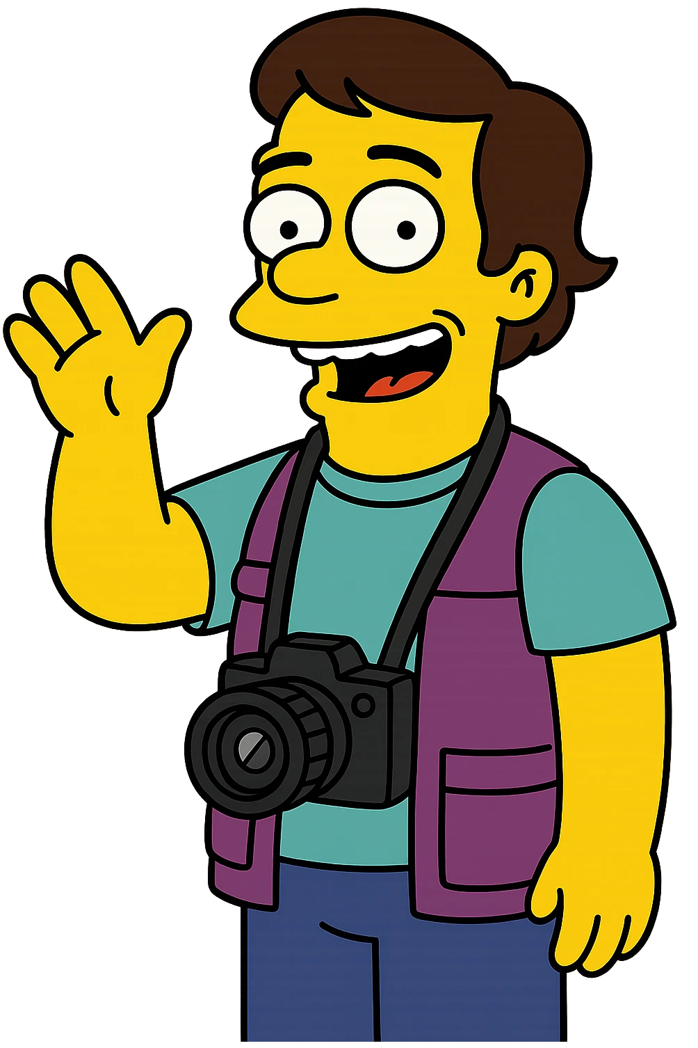 cheerful photographer in Simpsons style, yellow skin, purple vest, camera around neck, waving emoji