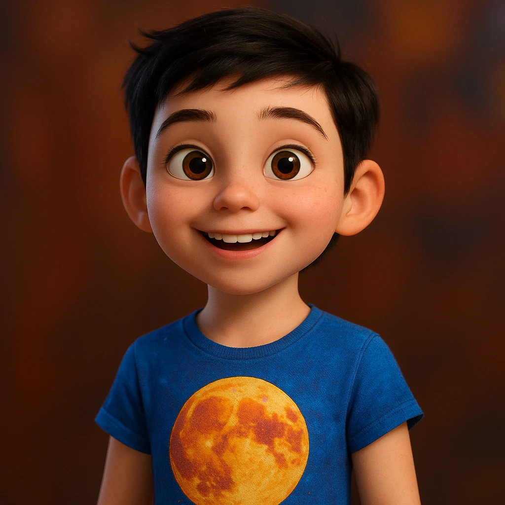 Pixar style girl with white skin, short black hair styled like a boy, wearing a t-shirt with a moon design emoji
