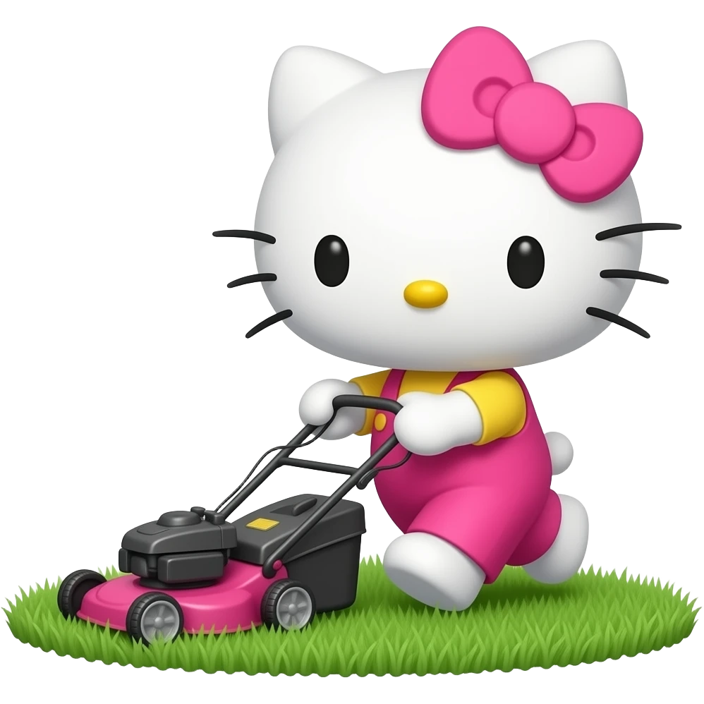 full pink hello kitty mowing the lawn with a lawn mower emoji