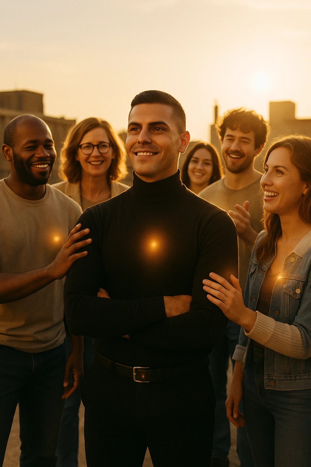 A cinematic scene of a man in his early 30s standing at the center of a sunlit urban rooftop during golden hour, surrounded by a diverse group of supportive, smiling people — friends, mentors, colleagues. They’re standing slightly behind or beside him, hands on his shoulder or gesturing toward him with encouragement. The man looks forward with a confident, inspired expression, body slightly relaxed, as if something inside di lui sta cambiando. The light behind the group forms a halo effect, emphasizing warmth and unity. Subtle visual symbolism: faint glow around their hands and hearts, suggesting their energy is uplifting him. Realistic clothing, modern style — jeans, T-shirts, casual jackets. The mood is inspiring, grounded, and full of potential. Shot in 35mm film style, with rich warm tones, shallow depth of field, and vibrant human detail. emoji