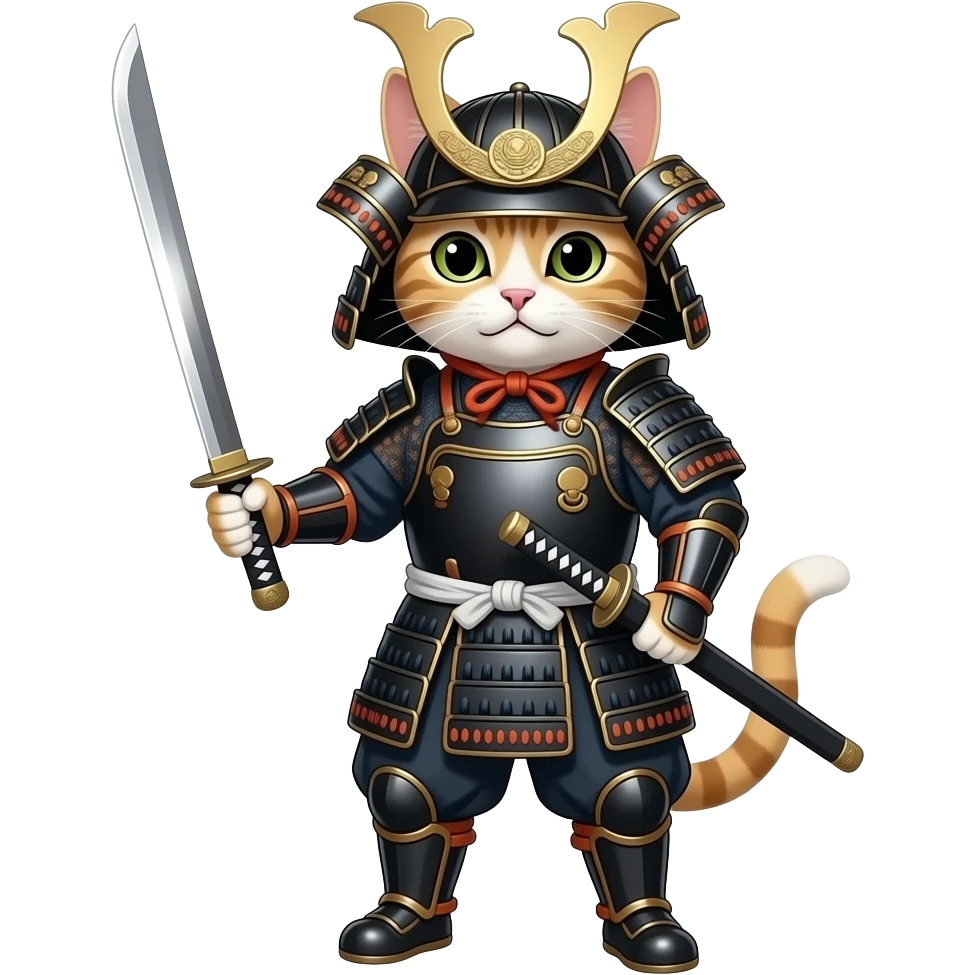 Кіт в японських обладунках з мечем в руках в повний зріст, він людиноподібний emoji