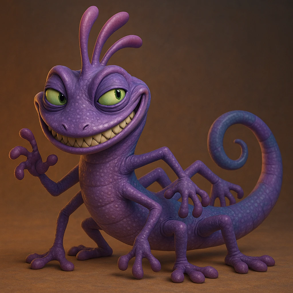 Randall from Monsters Inc, sneaky purple lizard monster with multiple limbs and a mischievous grin, Pixar-inspired style emoji