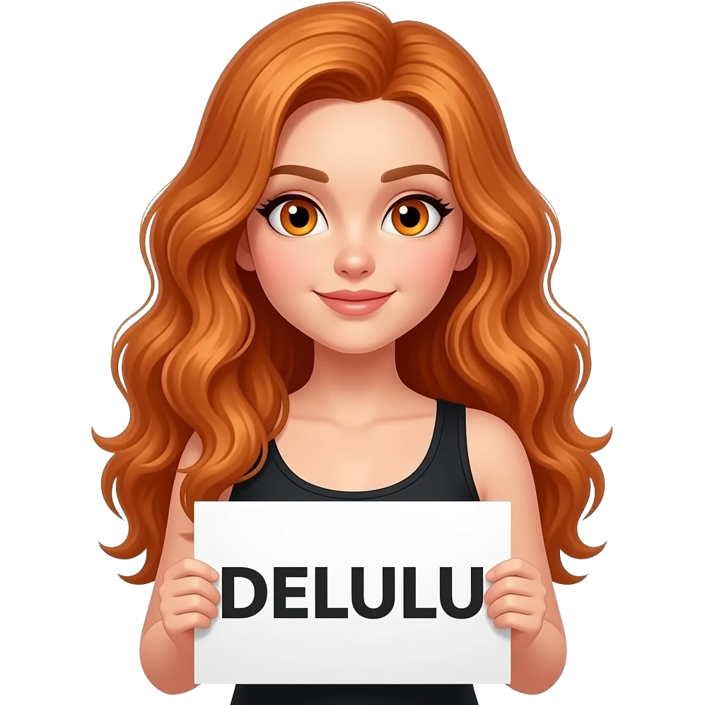 sexy girl with long wavy ginger hair and ginger eyes wearing a black tanktop is holding a white colored sign with DELULU written on it emoji