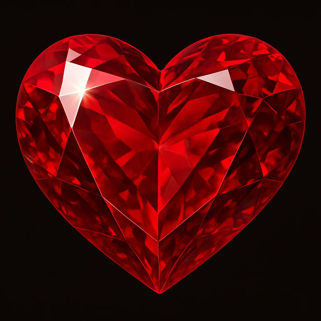 Transform this heart into a realistic illustration of a ruby gemstone without outlines, featuring clear shadows and highlights, with a rich saturated red color. Focus on a realistic precious stone look with detailed light reflections and depth. emoji