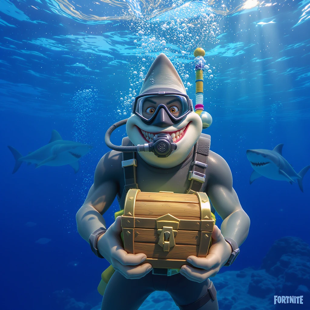 portrait, closeup, 3D, symmetrical, fortnite art style, diver holding chest underwater, happy shark swiming around him, blue crystal water, sunny day emoji